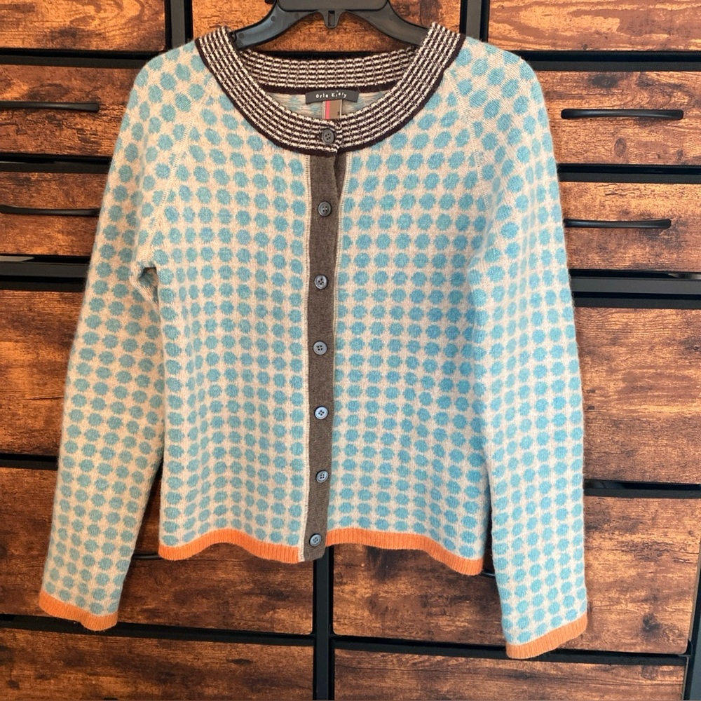 Orla Kiely Merino Lambswool + Angora Patterned Cardigan Dot Sweater sz 3 Medium?
